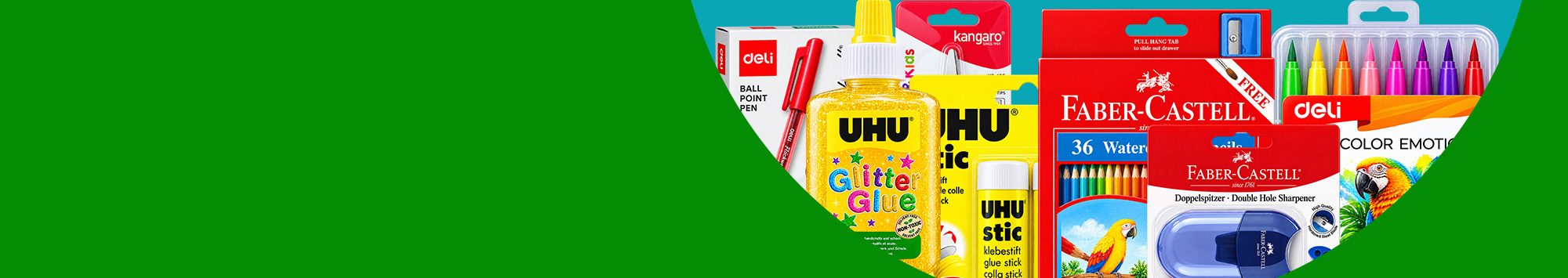 Stationery supplies including pens, glue, colored pencils and sharpeners