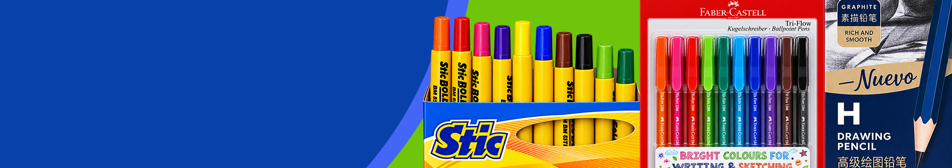 Colourful markers, pens and pencils from popular stationery brands