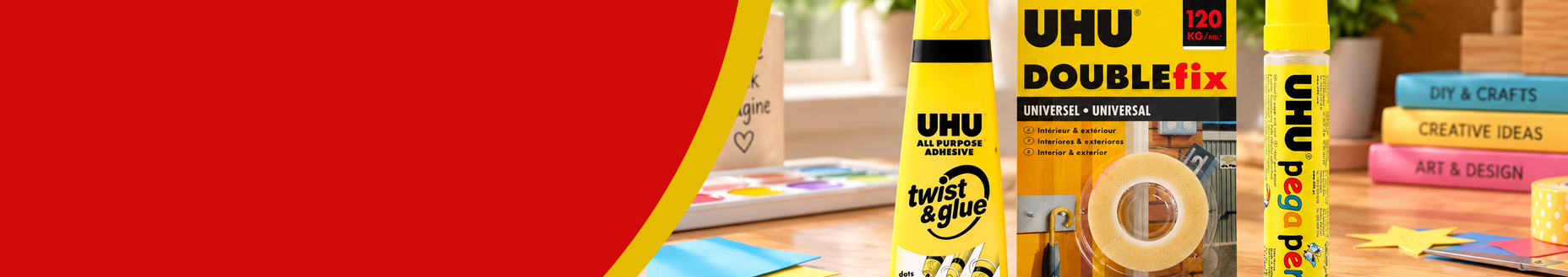 Glue sticks, adhesive tapes and multipurpose glue for crafts and stationery