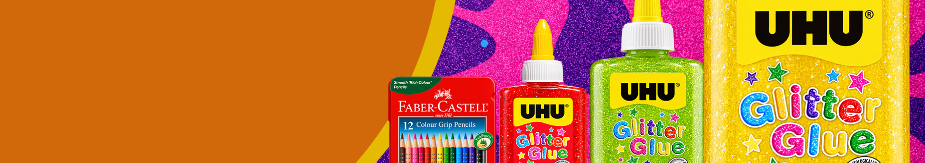 Art and craft supplies including coloured pencils and glitter glue