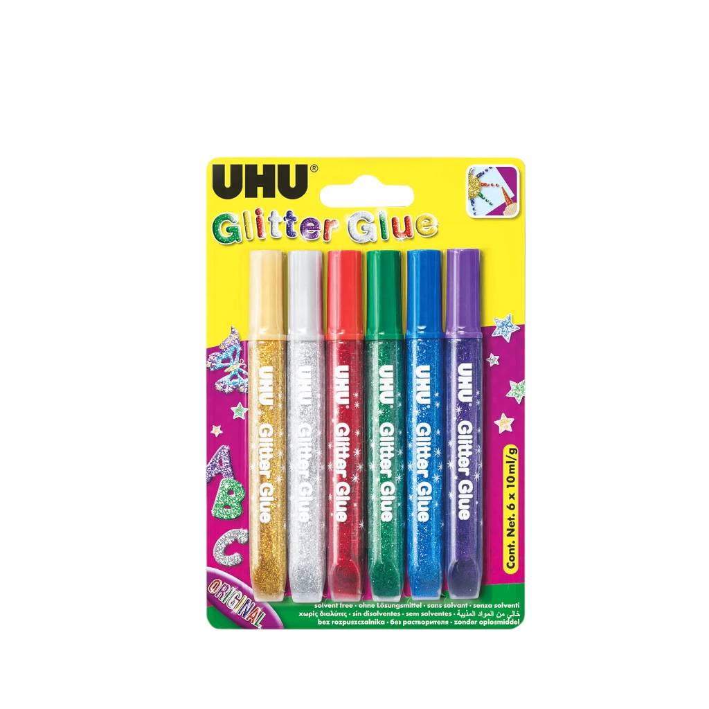 UHU GLITTER GLUE ORIGINAL 6CLR X 10ML
