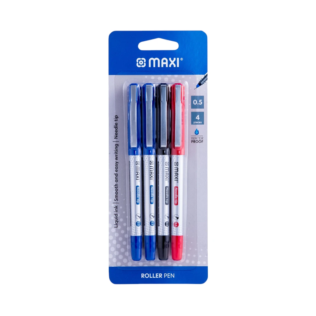 MAXI ROLLER PEN 0.5MM NEEDLE TIP BLISTER OF 4PC